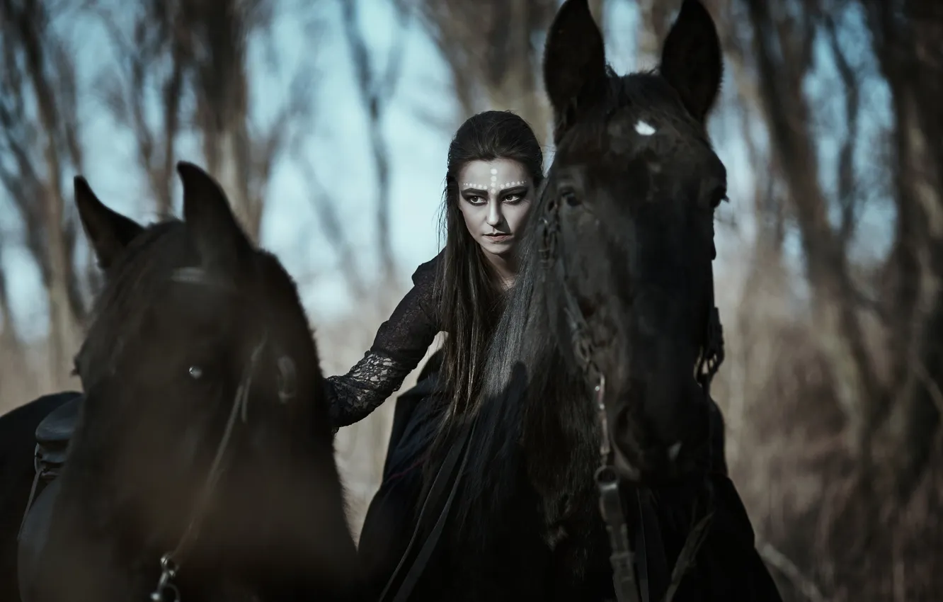 Photo wallpaper forest, girl, trees, branches, nature, style, horse, horse