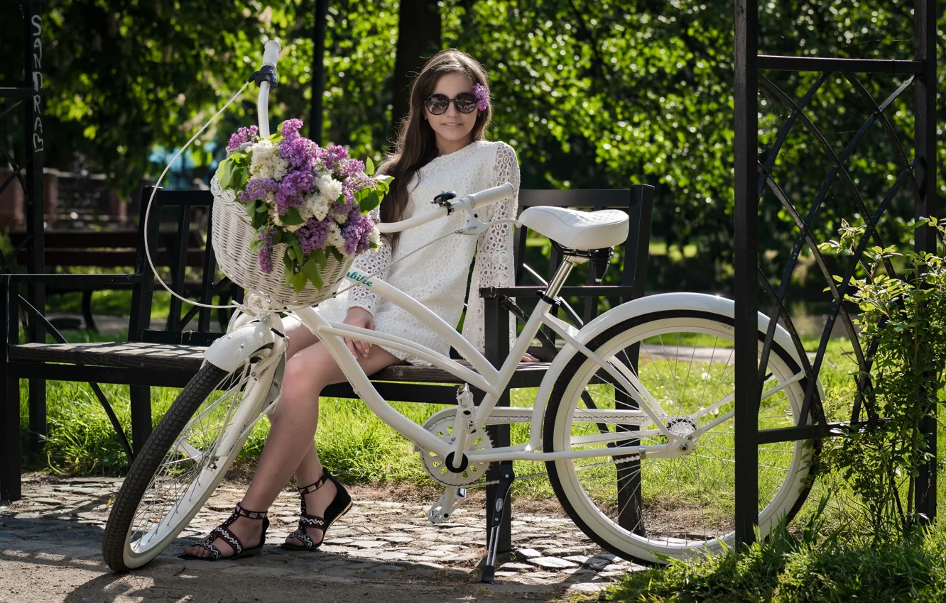Photo wallpaper girl, bike, dress, legs, lilac
