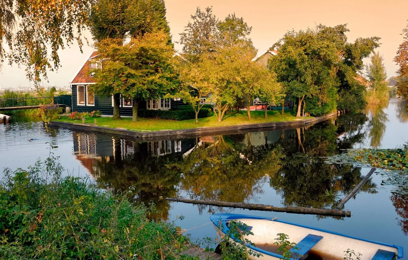 Photo wallpaper trees, pond, island, Home, boats