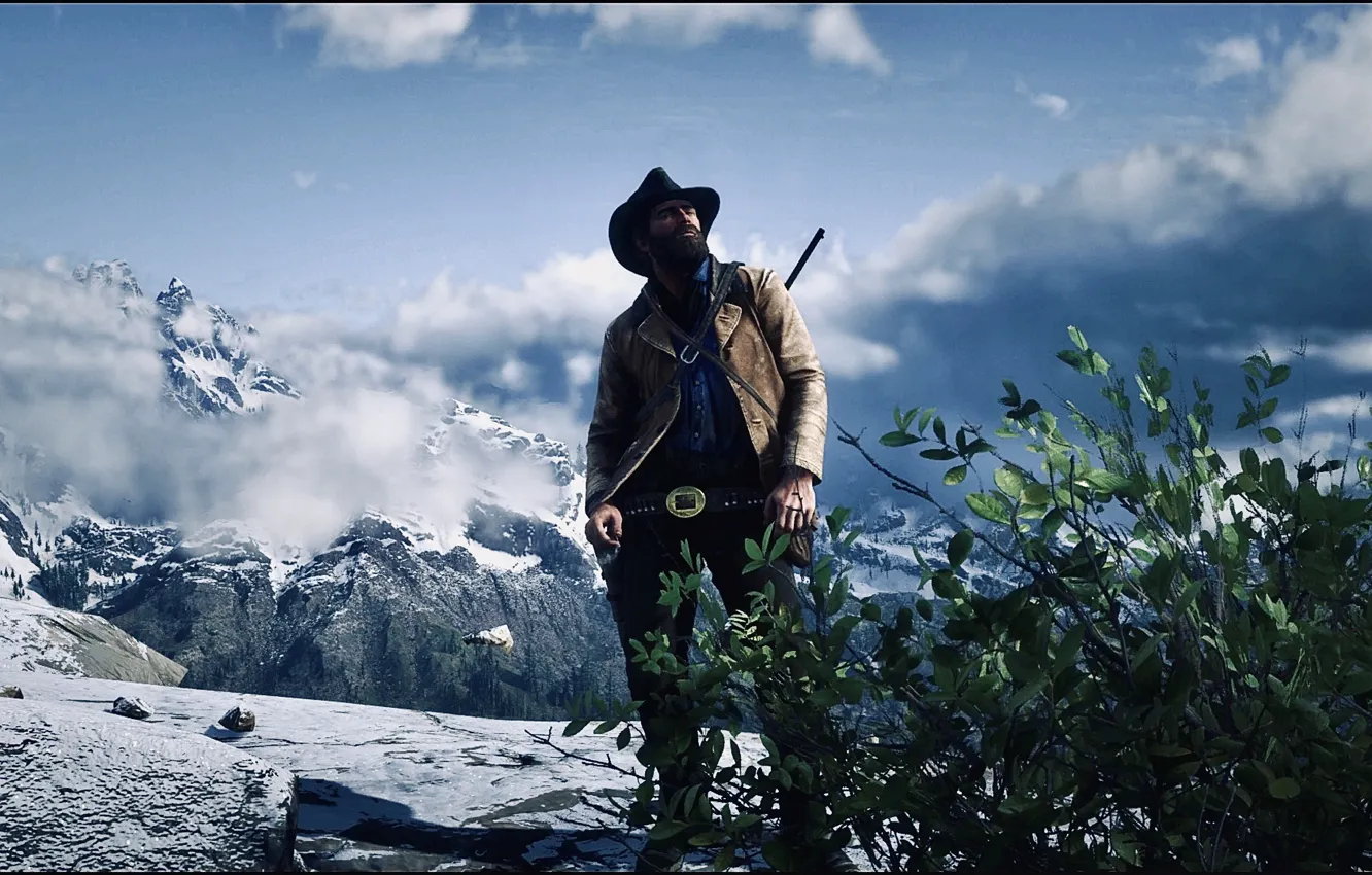 Photo wallpaper HDR, game, sky, clouds, snow, bush, UHD, Red Dead Redemption 2