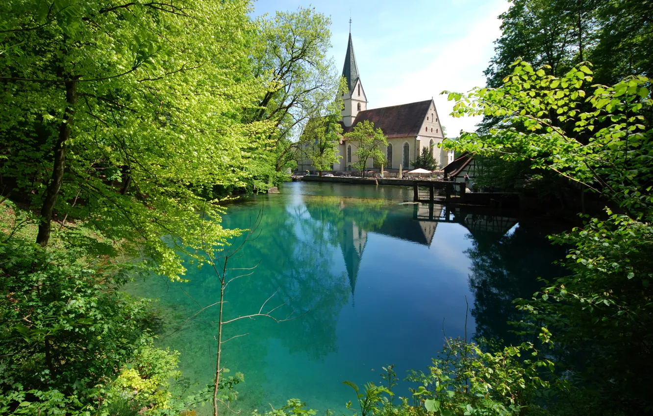 Photo wallpaper greens, summer, trees, branches, pond, foliage, Germany, Church