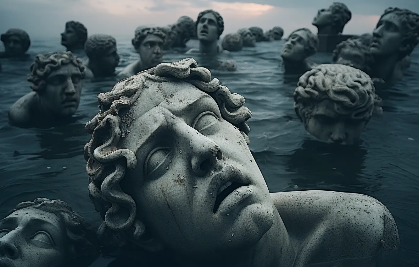 Photo wallpaper water, clouds, male, sculpture, digital art, AI art, The Art of Artificial Intelligence, Greek sculptures