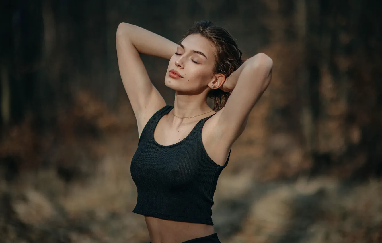 Photo wallpaper background, model, portrait, hands, makeup, Mike, hairstyle, brown hair