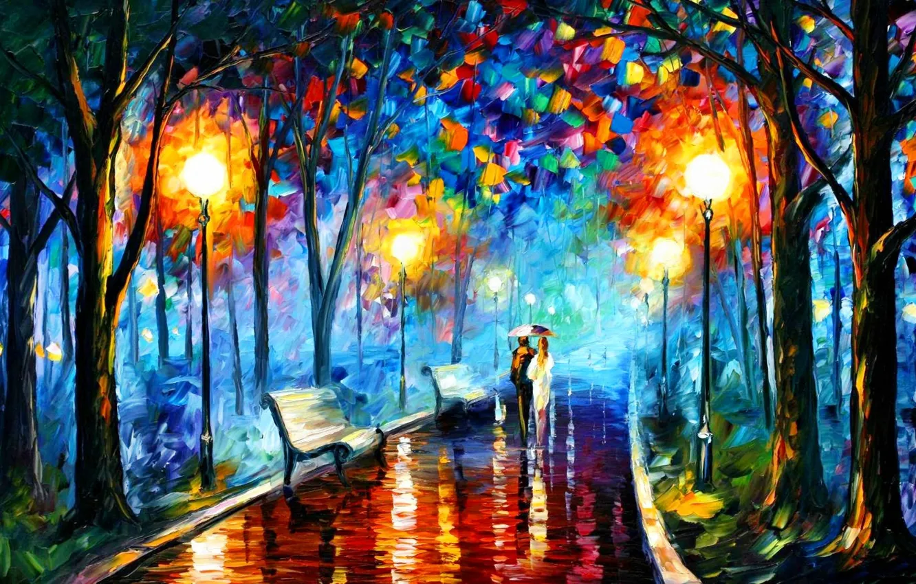 Photo wallpaper Park, oil, picture, umbrella, pair