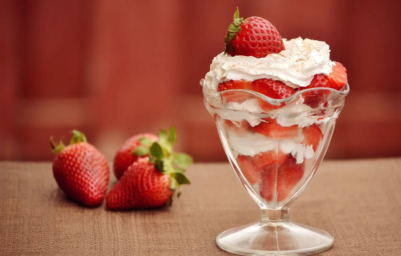 Photo wallpaper berries, food, cream, strawberry, ramekin