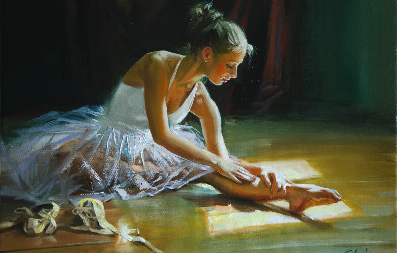 Photo wallpaper ballerina, Pointe shoes, warm-up, sitting on the floor, Laszlo Gulyas, Laszlo Gulis