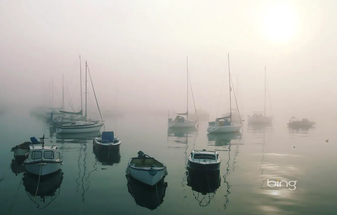 Photo wallpaper sea, light, fog, boat, Bay, calm, harbour