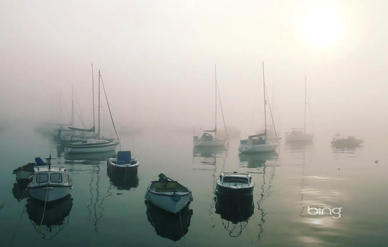 Photo wallpaper sea, light, fog, Bay, boats, calm, harbour