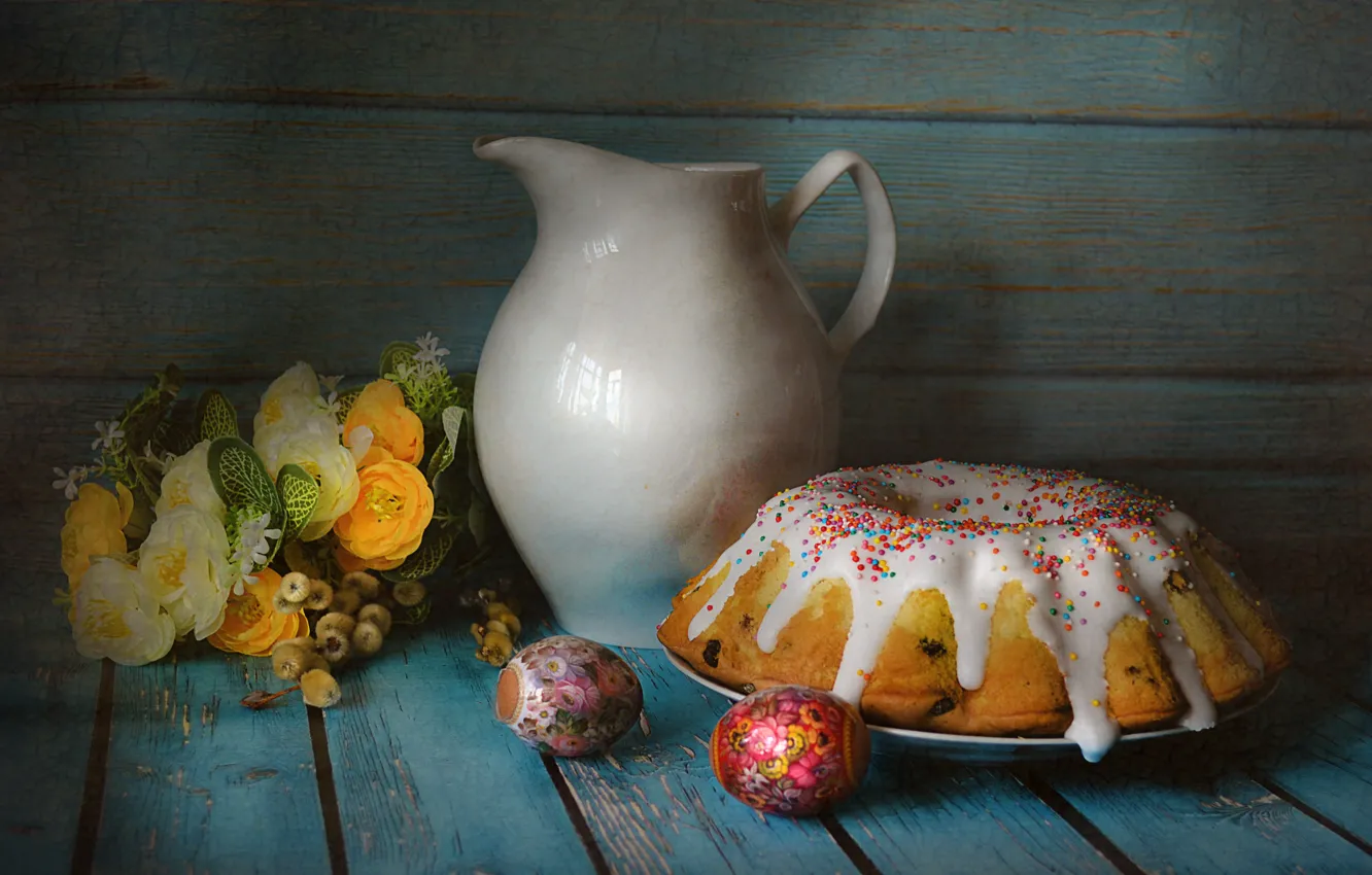 Photo wallpaper flowers, table, egg, bouquet, dishes, pitcher, still life, cake