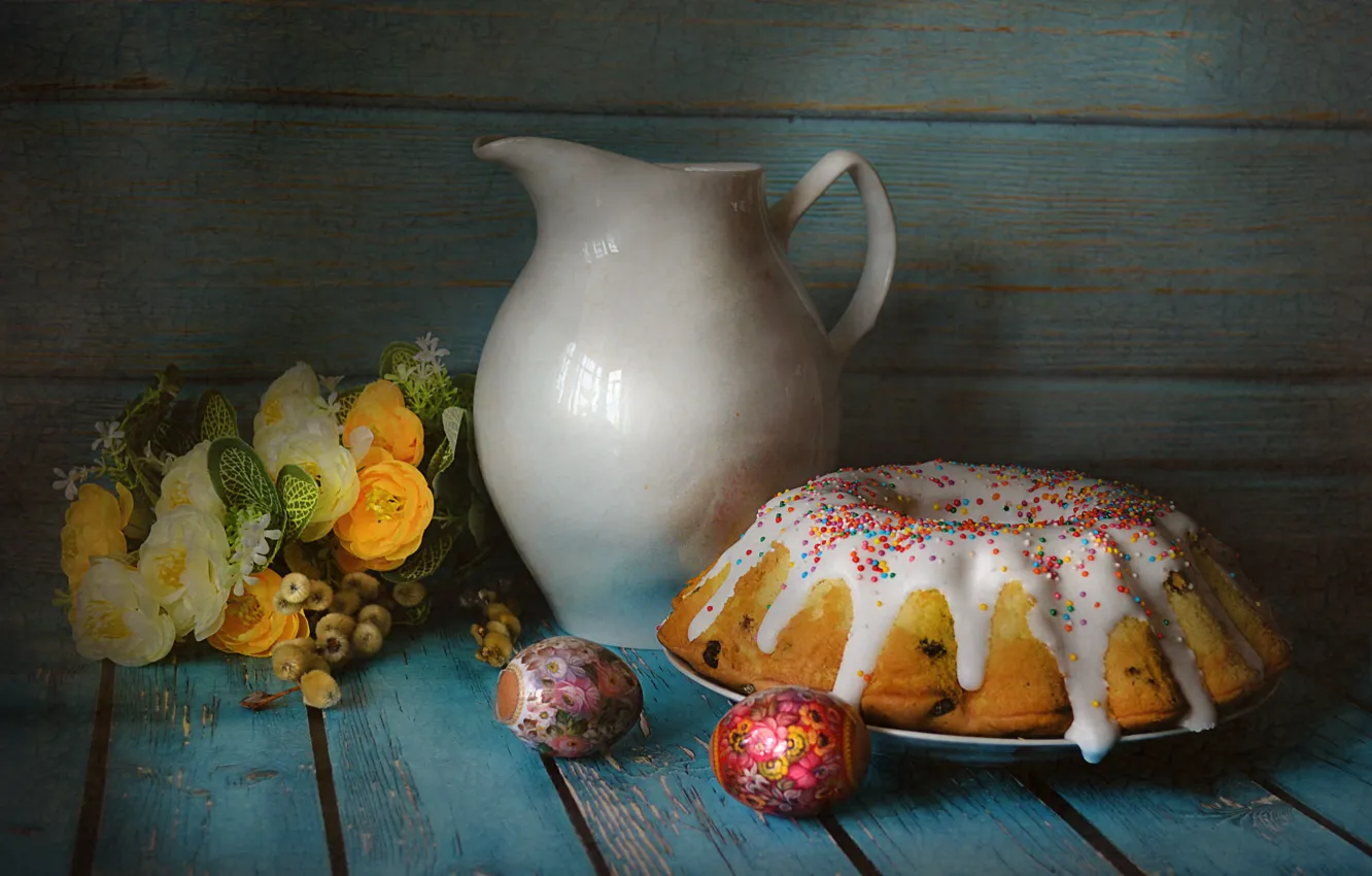 Photo wallpaper flowers, table, eggs, bouquet, dishes, pitcher, still life, cake