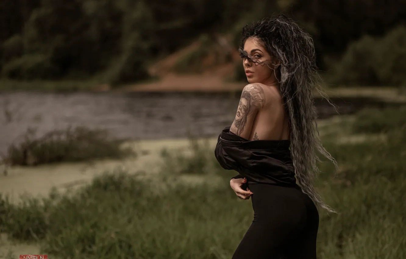 Photo wallpaper girl, nature, pose, tattoo, shoulders, curls, long hair, Nick Mölln