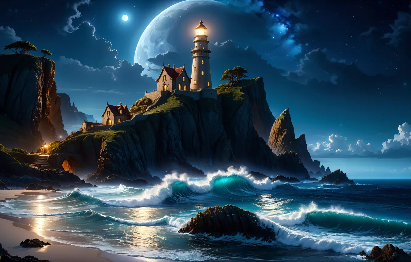 Photo wallpaper trees, night, stones, rocks, lighthouse, planet, beauty, digital art