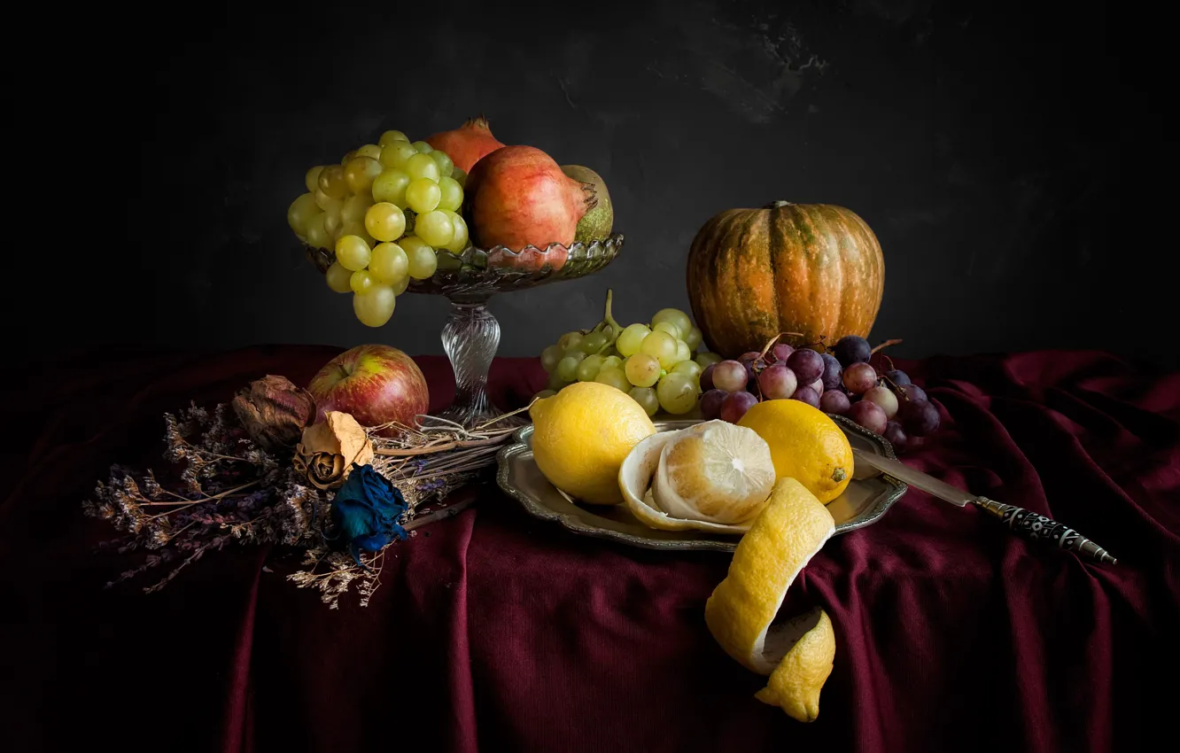 Photo wallpaper flowers, table, Apple, grapes, dry, knife, pumpkin, vase