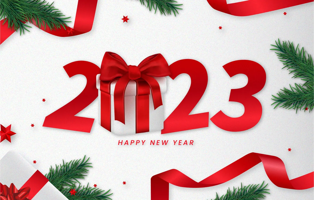 Photo wallpaper stars, branches, red, box, gift, new year, figures, tape