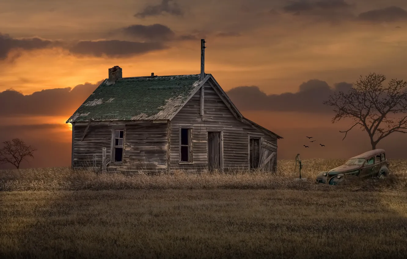 Photo wallpaper machine, sunset, home