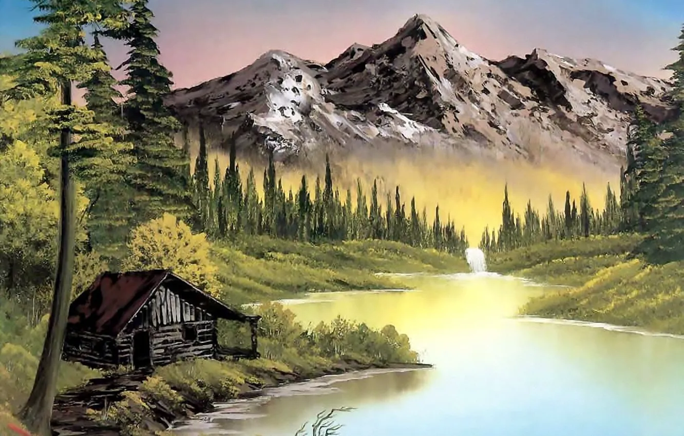 Photo wallpaper trees, landscape, mountains, nature, river, hut, waterfall, home