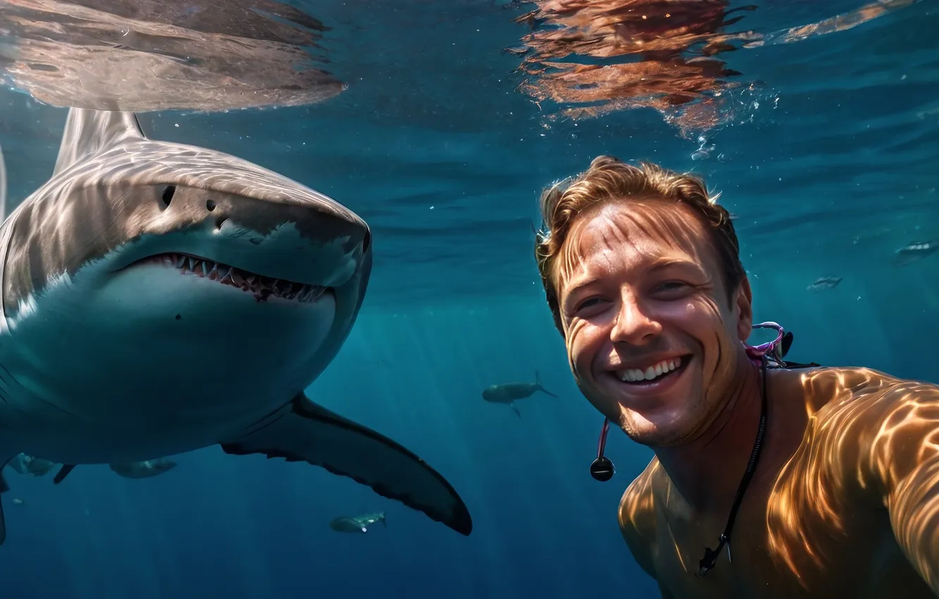Photo wallpaper underwater, shark, guy, AI Art