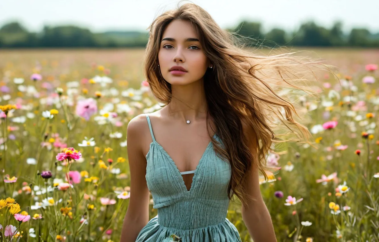 Photo wallpaper field, flowers, neckline, beautiful girl, digital art, digital art, summer day, AI art