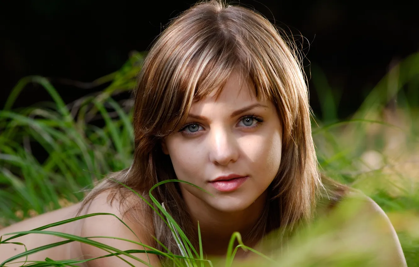 Photo wallpaper grass, look, girl, brown hair, Emily, amelie, gray-eyed