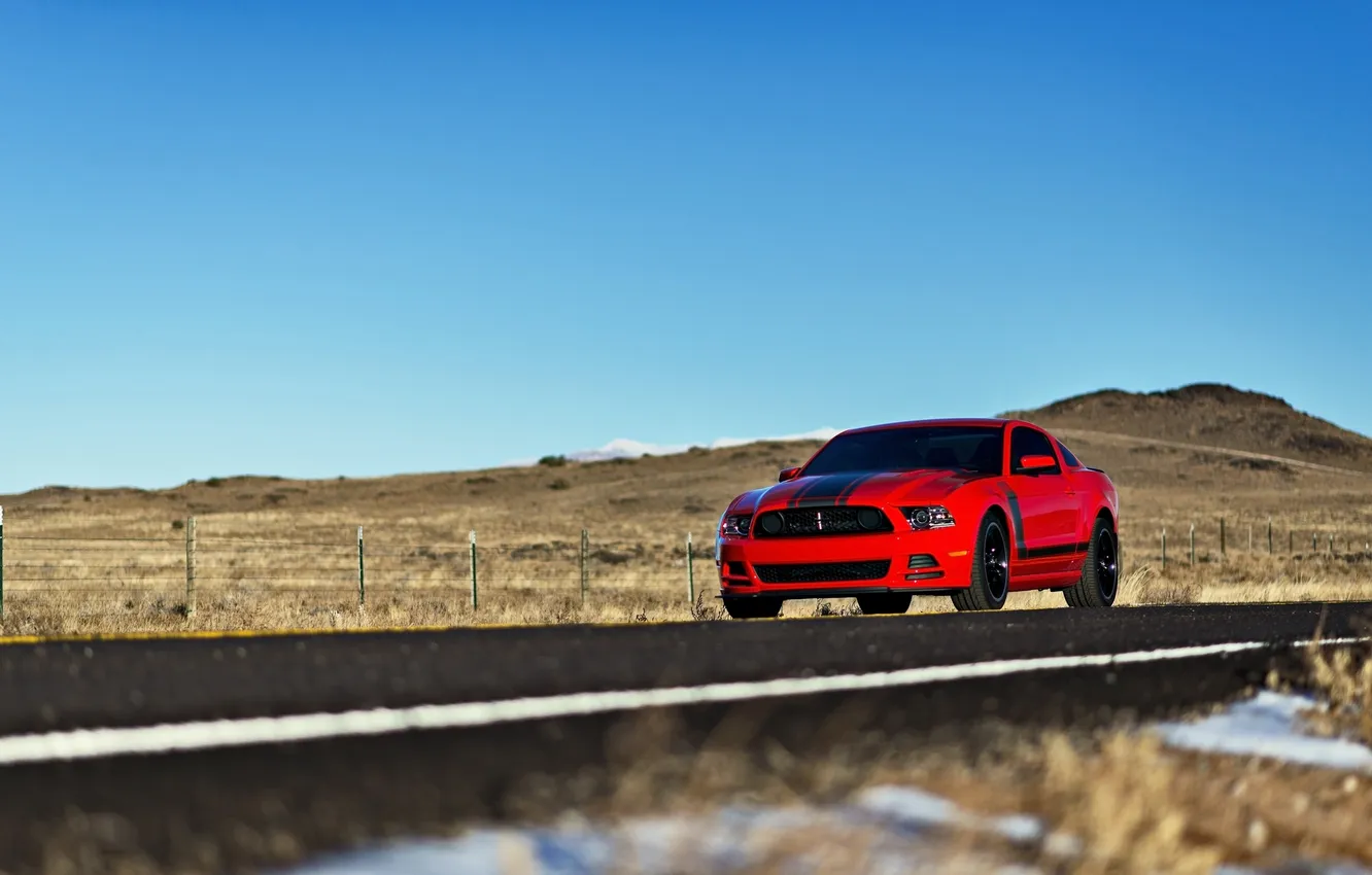 Photo wallpaper red, Mustang, Ford, Mustang, red, Ford, boss, black stripe