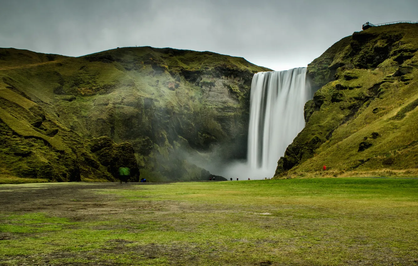 Photo wallpaper stones, rocks, waterfall, moss, Iceland, Skogafoss