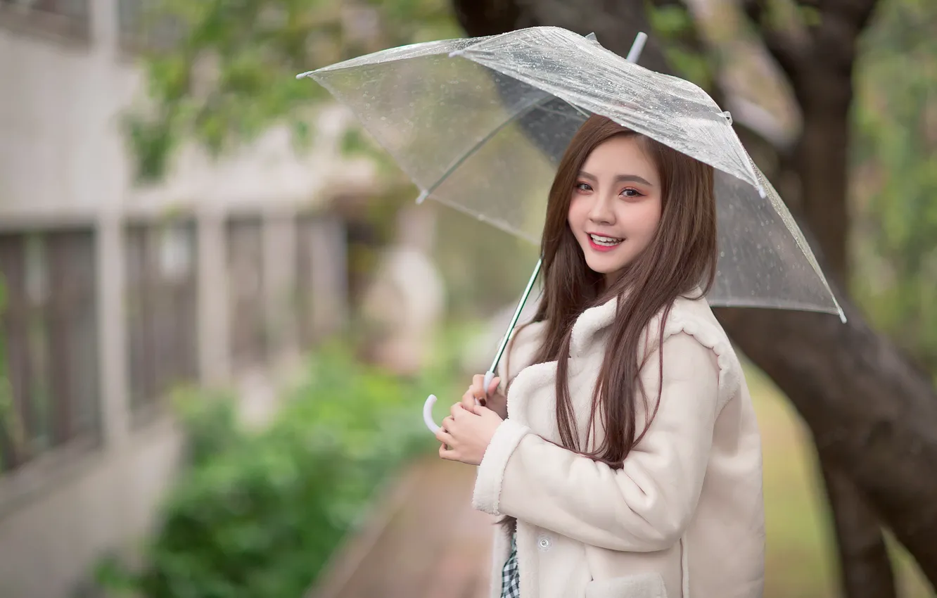 Photo wallpaper girl, umbrella, Asian, cutie, bokeh