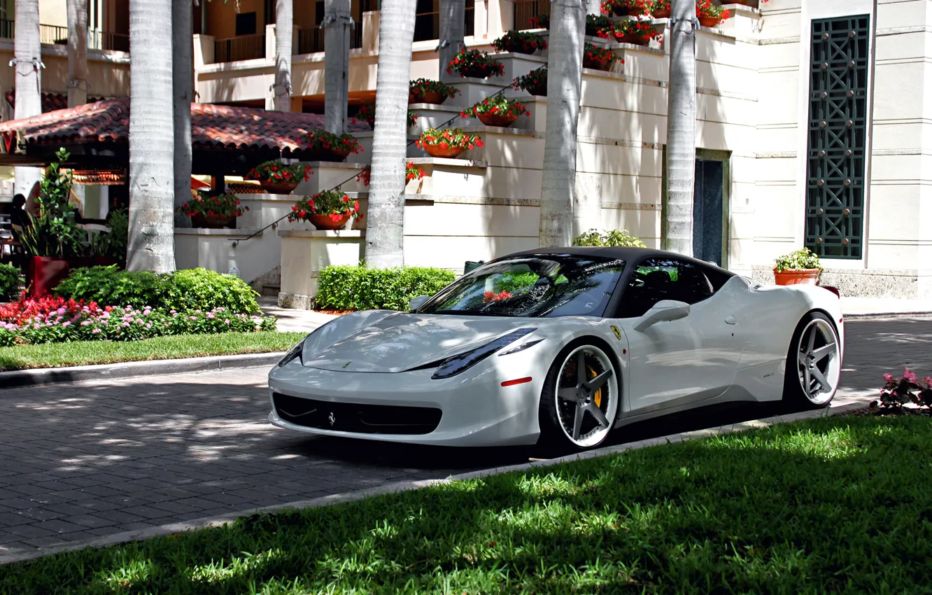 Photo wallpaper Ferrari, Grass, 458, White, Tuning, Villa, Italia, Wheels