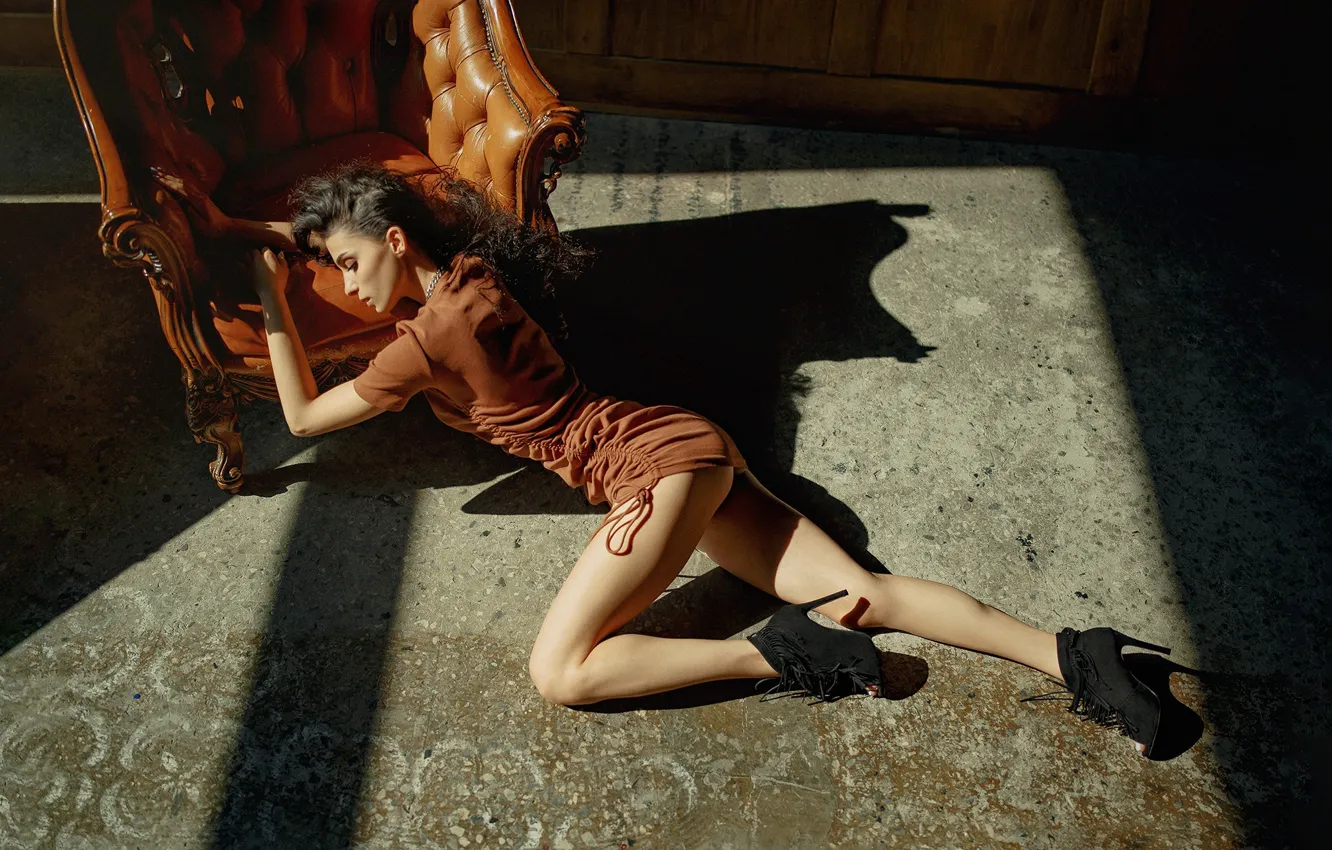 Photo wallpaper girl, pose, chair, dress, brunette, legs, on the floor, Regina