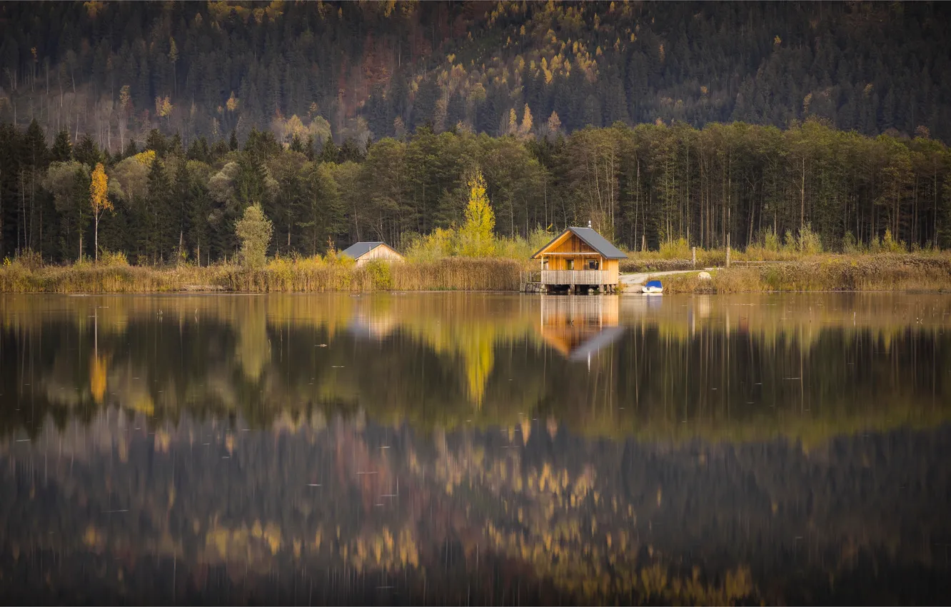 Photo wallpaper autumn, forest, water, mountains, nature, comfort, lake, reflection