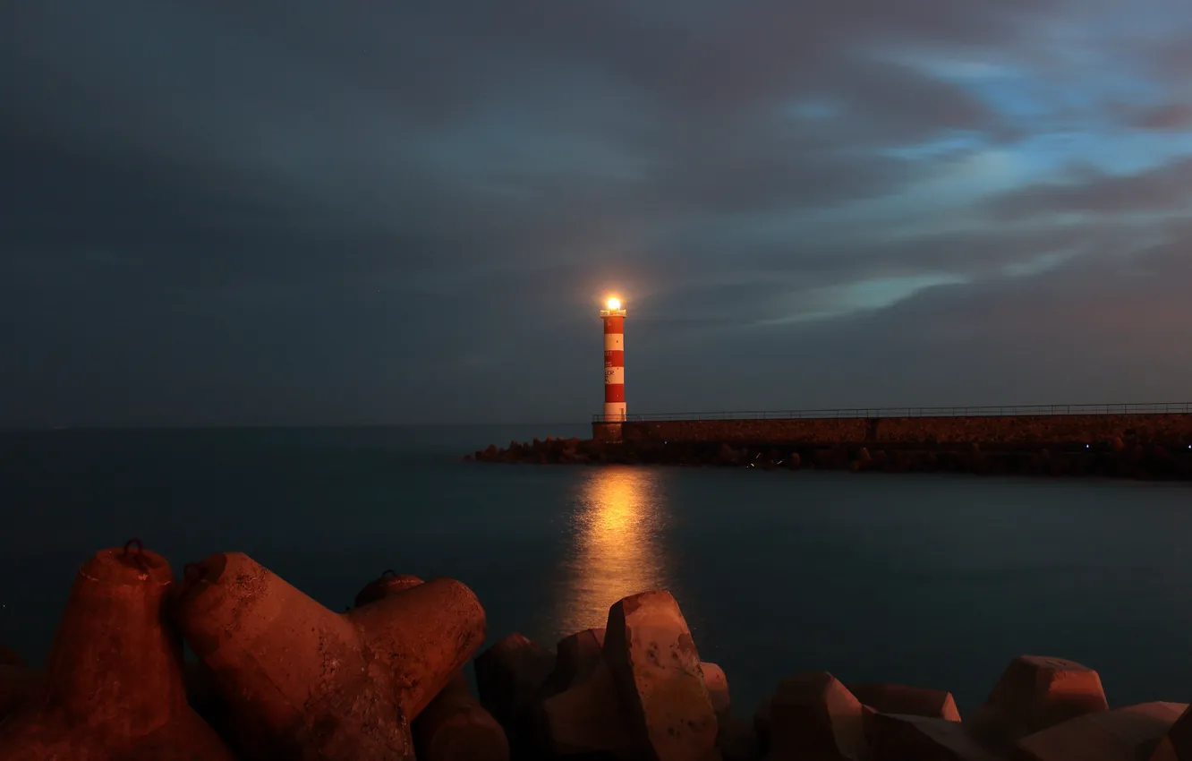 Photo wallpaper sea, beach, lighthouse, pierce, twilight