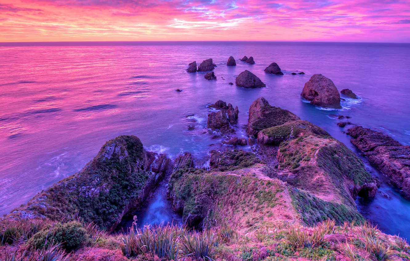 Photo wallpaper sea, sunset, stones, rocks, horizon, the color purple