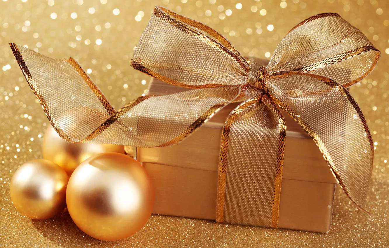 Photo wallpaper balls, gold, holiday, box, gift, balls, new year, Christmas