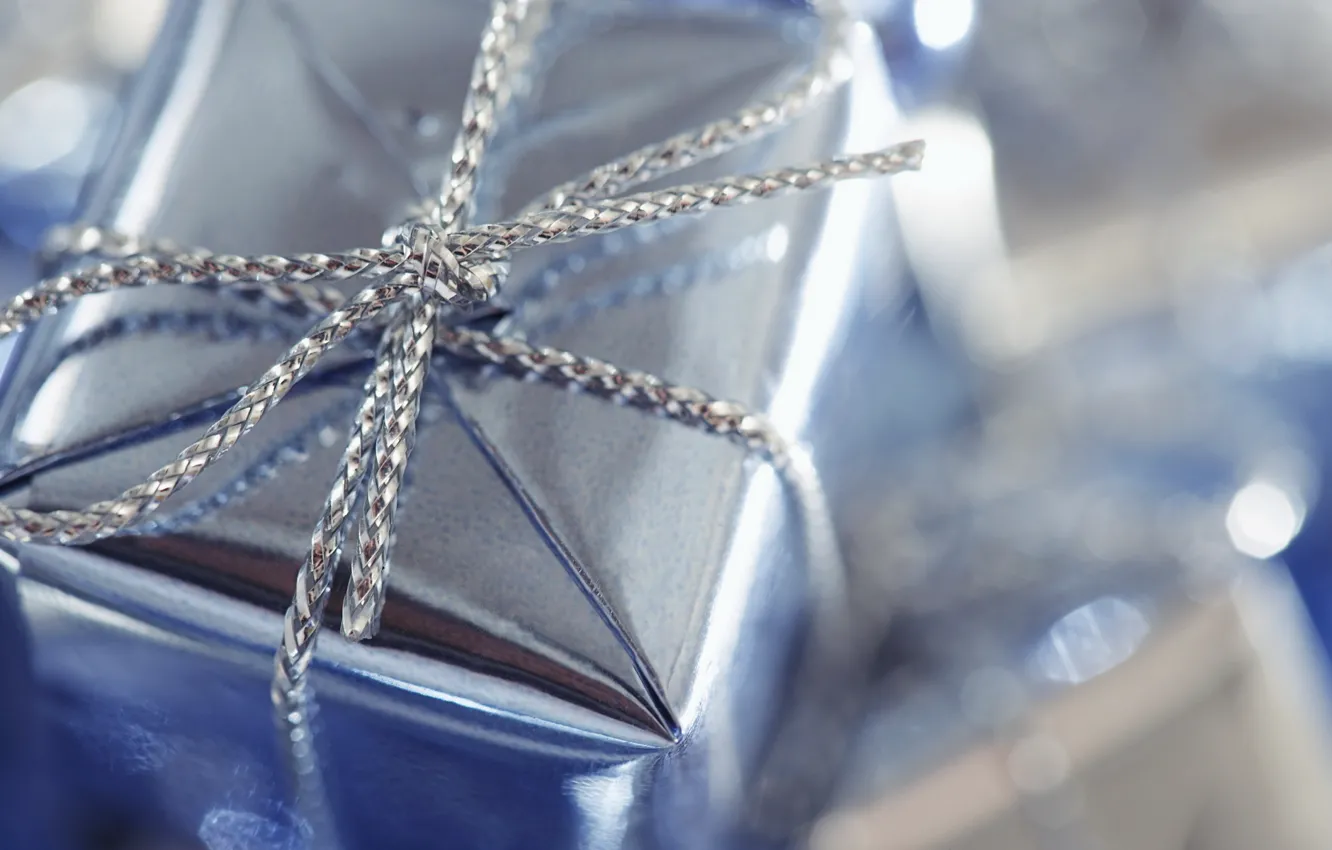 Photo wallpaper macro, glare, holiday, box, gift, blue, silver, node