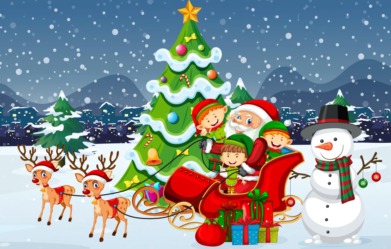 Photo wallpaper Smile, Winter, Snow, Christmas, New year, Elves, Santa Claus, Deer