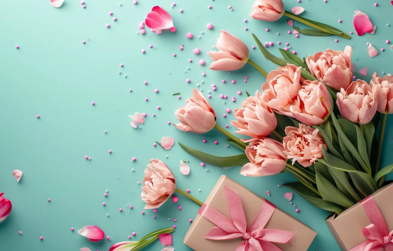Photo wallpaper flowers, holiday, bouquet, spring, tulips, March 8, AI art, universal holiday background