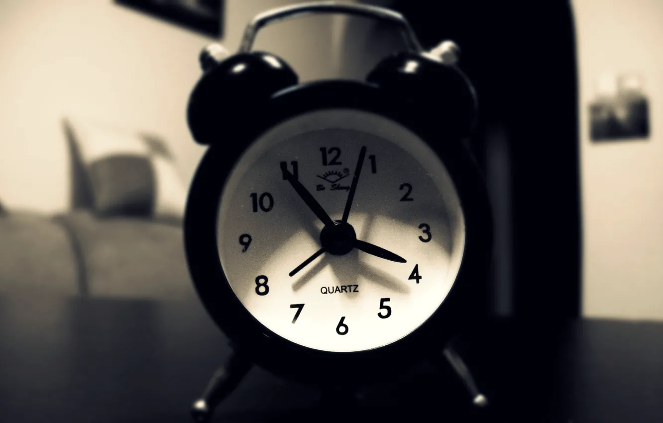 Photo wallpaper photo, table, watch, morning, b/W, alarm clock