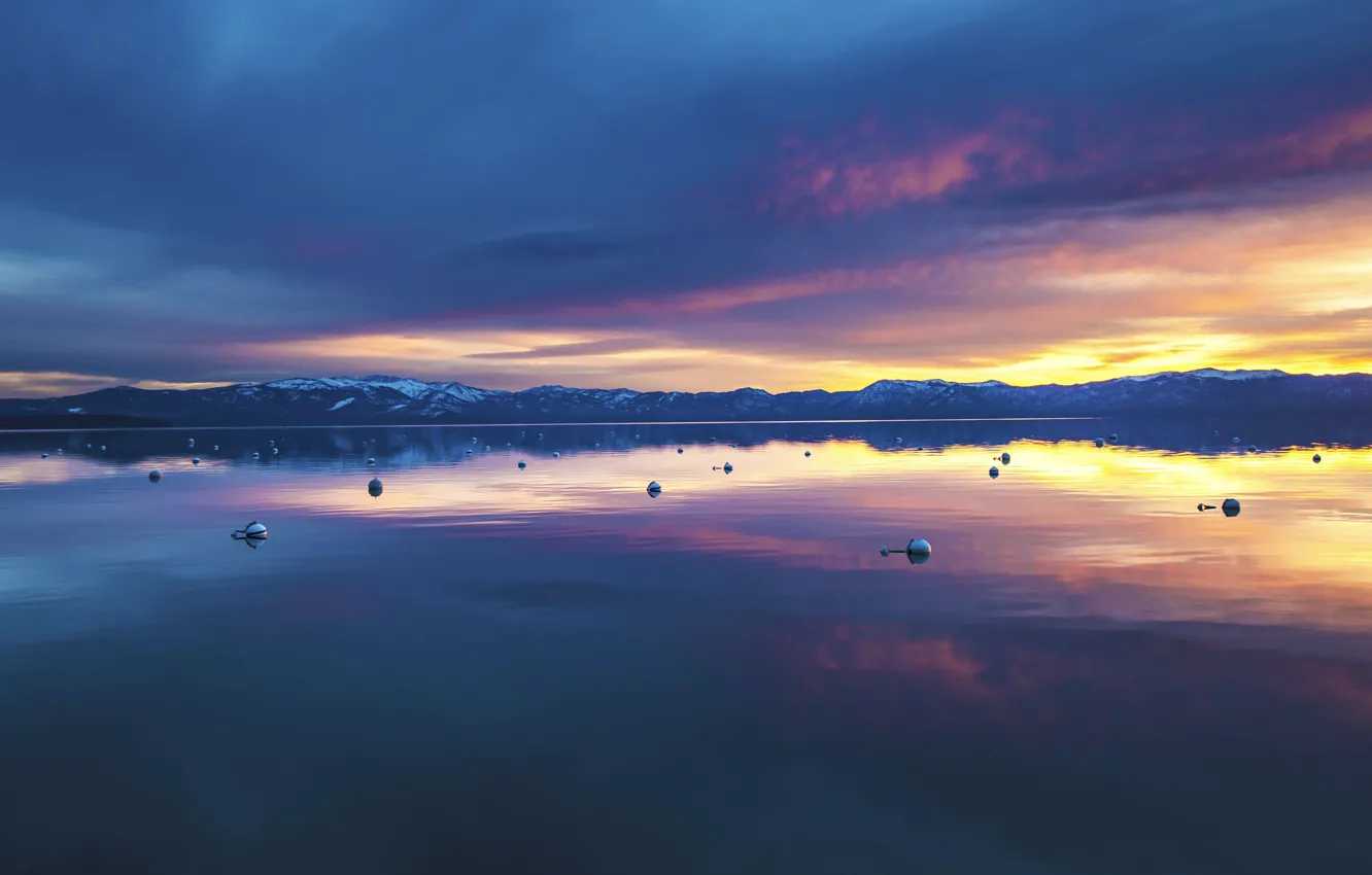 Photo wallpaper the sky, clouds, light, sunset, mountains, clouds, lake, reflection