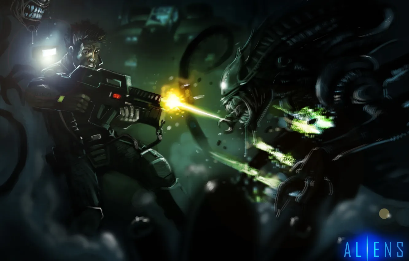 Photo wallpaper dark, Stranger, aliens, alien, marine, Commando, xenomorph