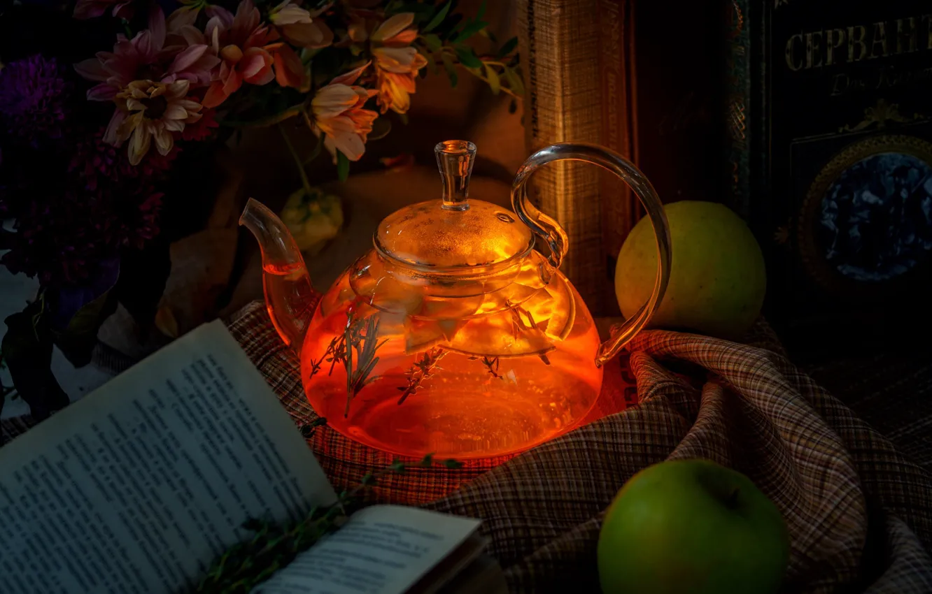 Photo wallpaper tea, apples, kettle, book
