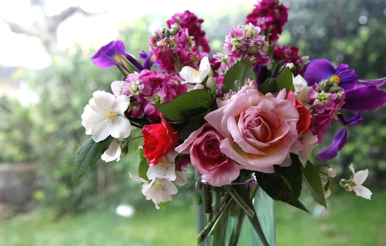 Photo wallpaper flowers, bouquet, window, vase