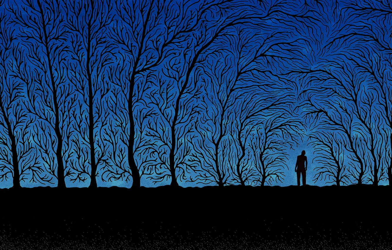 Photo wallpaper trees, branches, blue, black, people