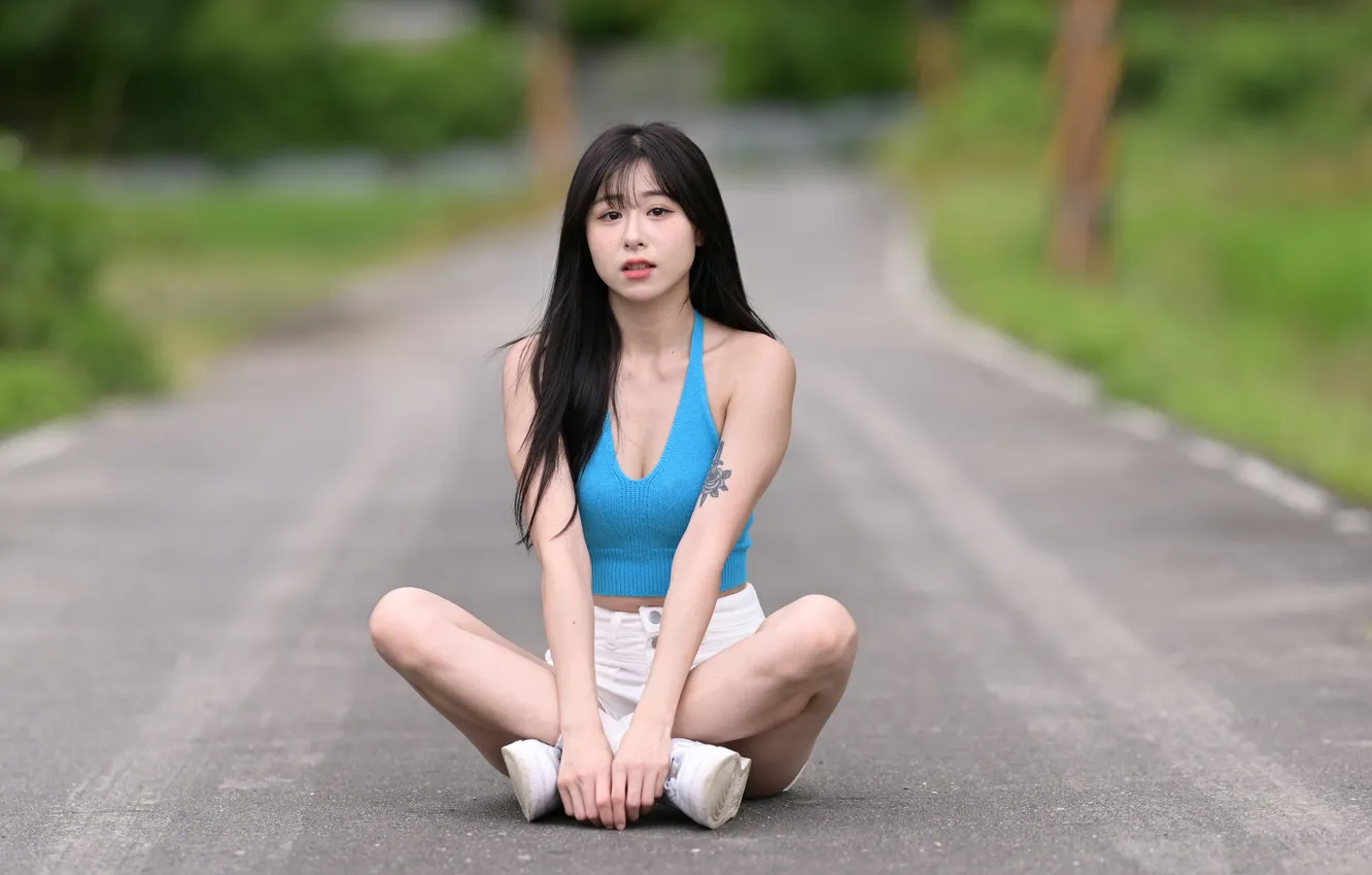 Photo wallpaper road, girl, Asian