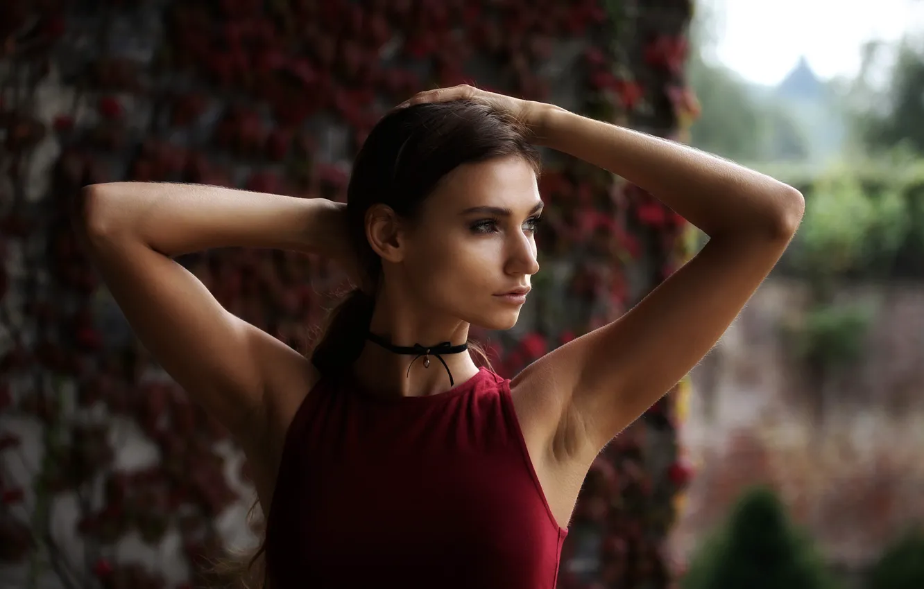 Photo wallpaper pose, model, portrait, hands, makeup, Mike, hairstyle, brown hair