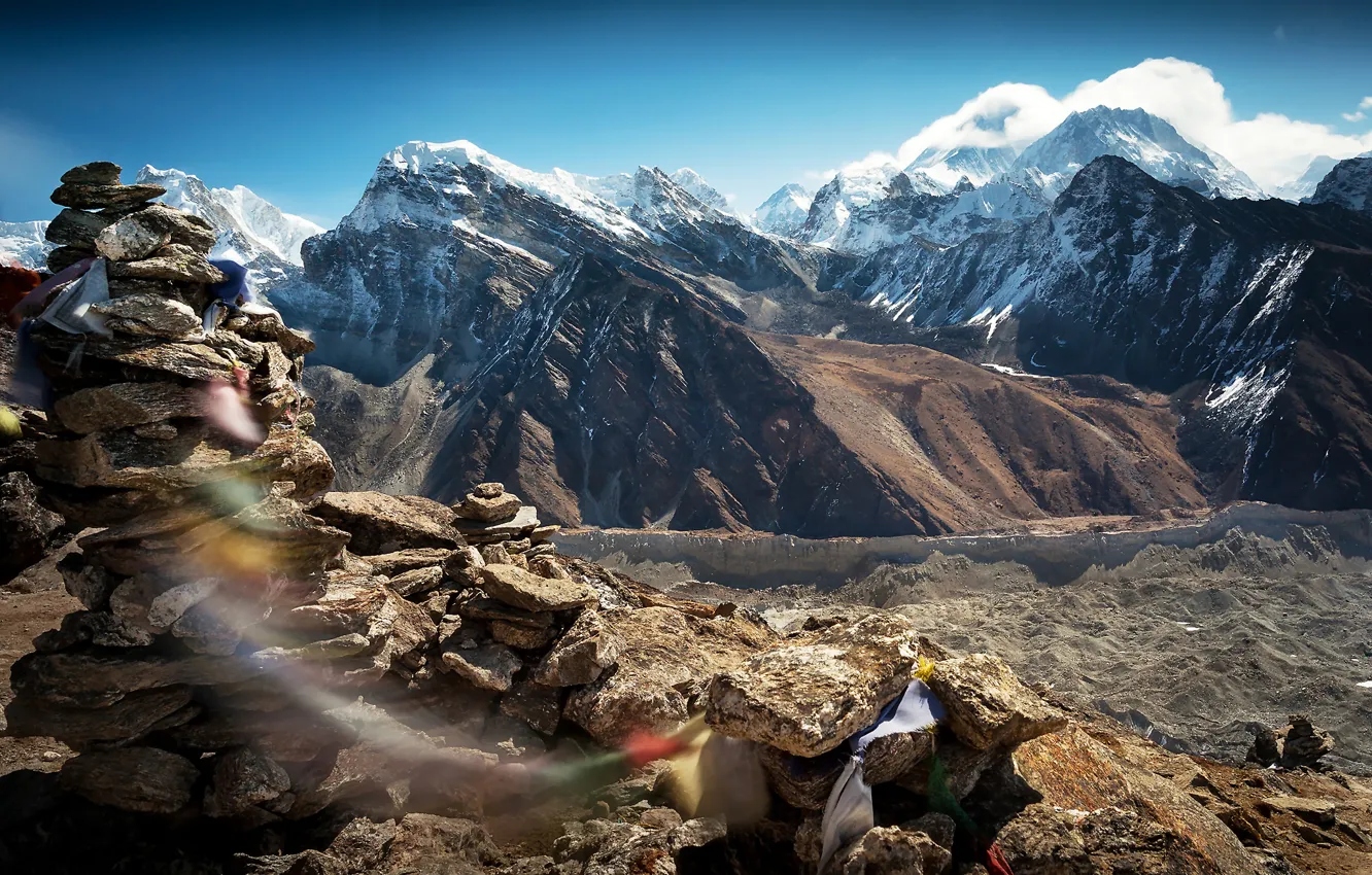 Photo wallpaper the sky, mountains, stones, rocks, the wind, Tibet, the spirit of Tibet