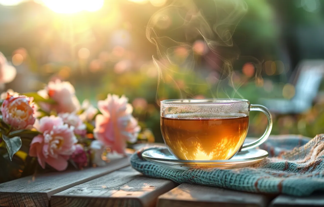 Photo wallpaper glass, the sun, rays, light, flowers, comfort, tea, Board