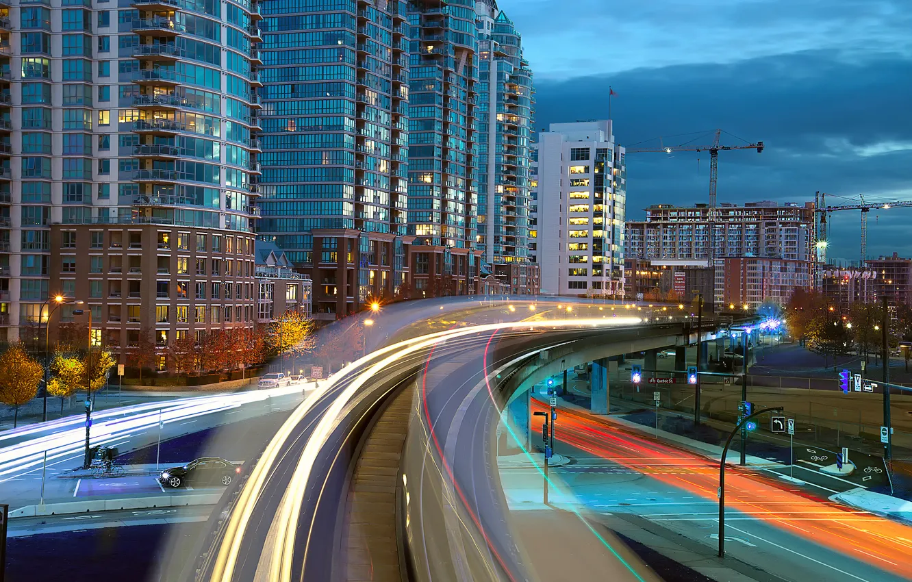 Photo wallpaper road, the city, lights, construction, train, home, crane, the evening