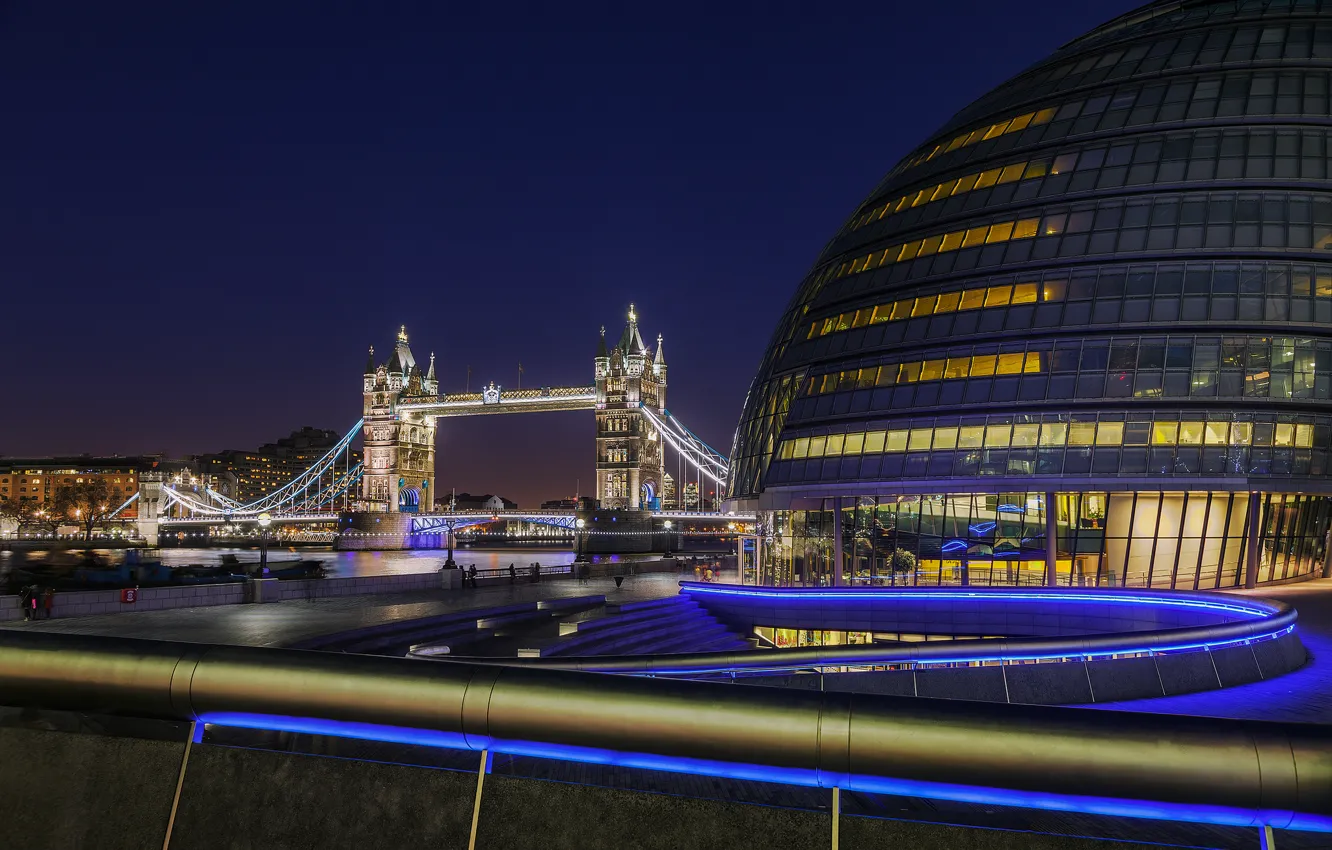 Photo wallpaper light, night, river, England, London, UK, railings, Thames