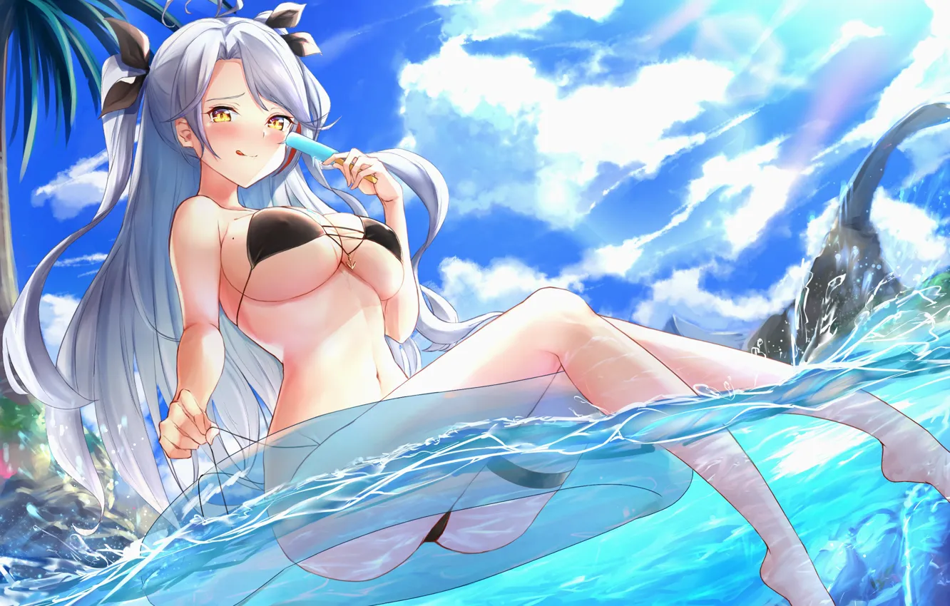 Photo wallpaper long hair, anime, ice cream, bikini, yellow eyes, anime girls, Big boobs, Micro bikini