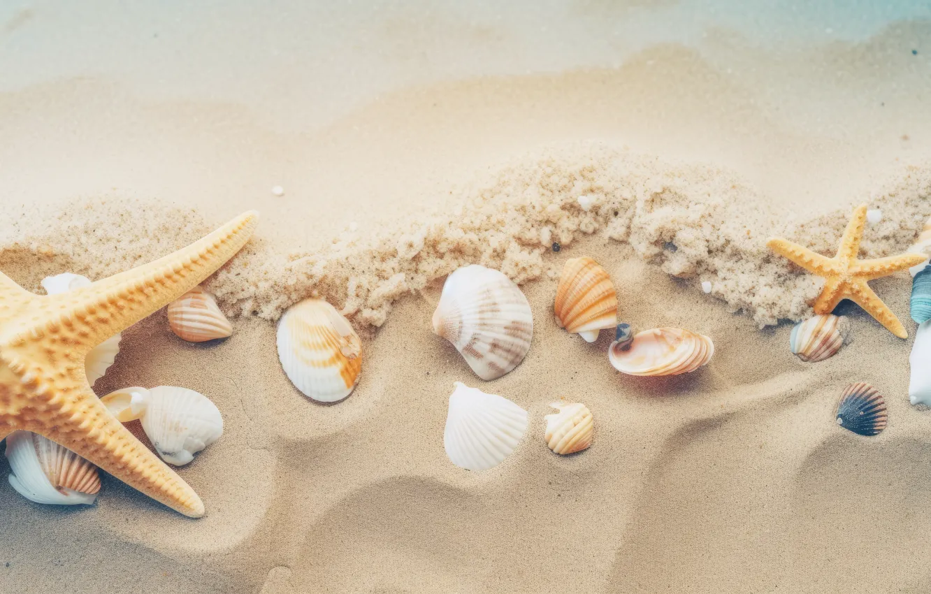 Photo wallpaper sea, beach, the ocean, shore, shell, starfish, seashells, seashell