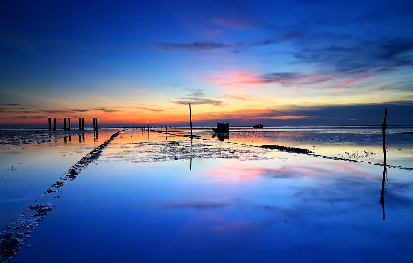 Photo wallpaper sea, the sky, clouds, sunset, boat, tide